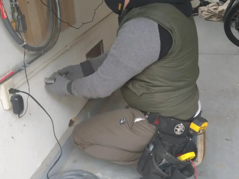 Electrician performing outlet wiring in a Stephenville garage